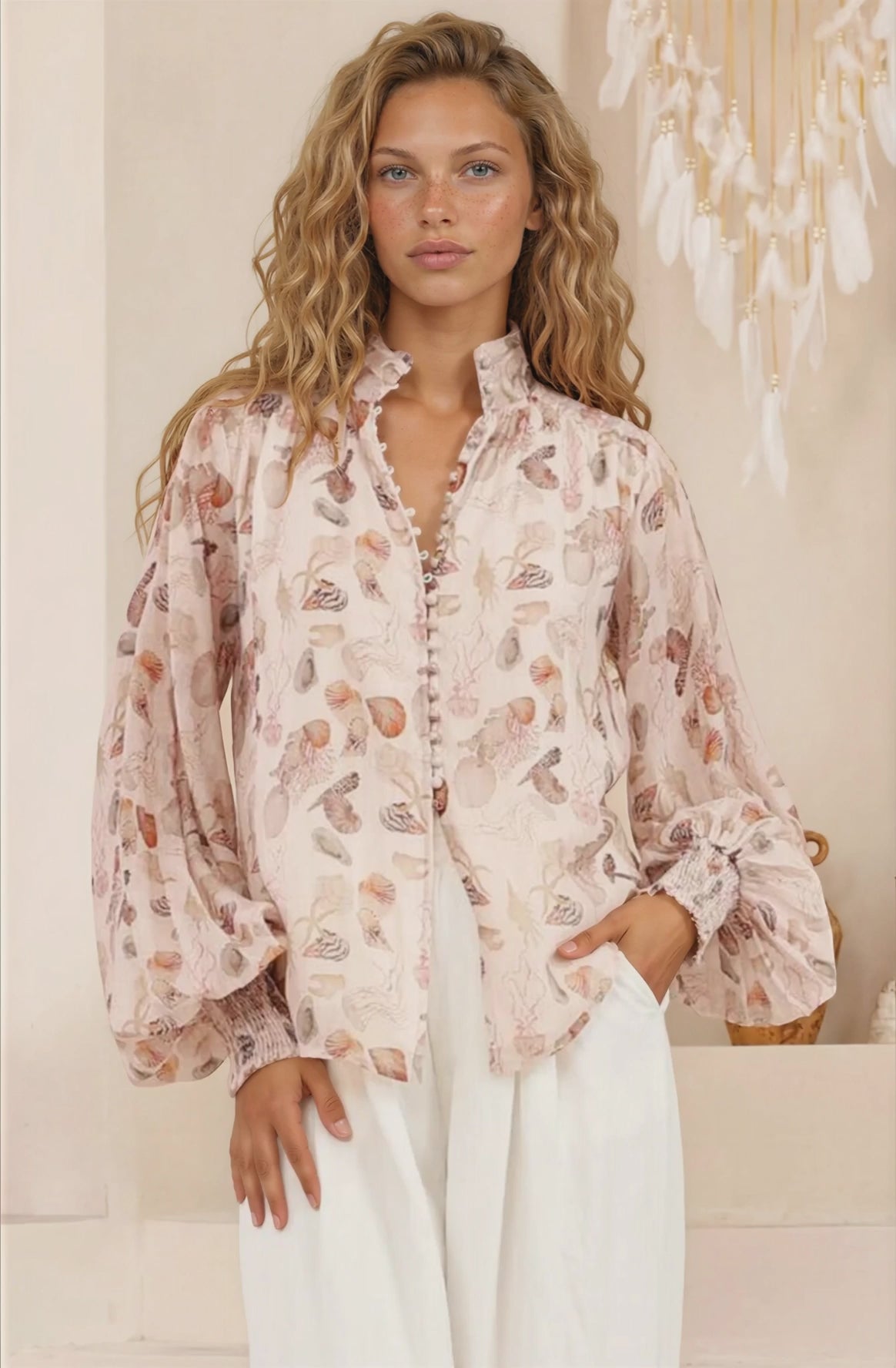 Faye Blouse - Mandarin Collar Balloon Sleeve Button Down Shirt in Shellie Print
