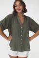 Shelly Shirt - Linen Collared Button Down Shirt in Military Green