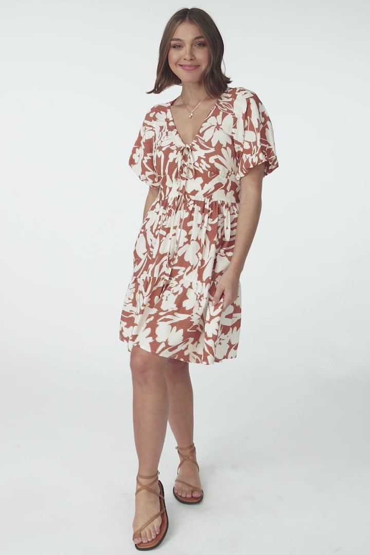 Lilly Mini Dress - Adjustable V Neckline Dress with Cap Sleeves in Charis Print Rust