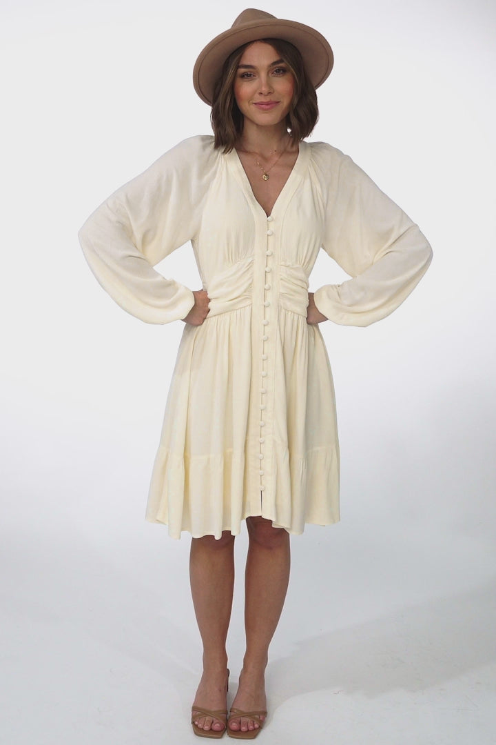 Iris Mini Dress - A Line Gathered Waist Button Down Dress in Cream