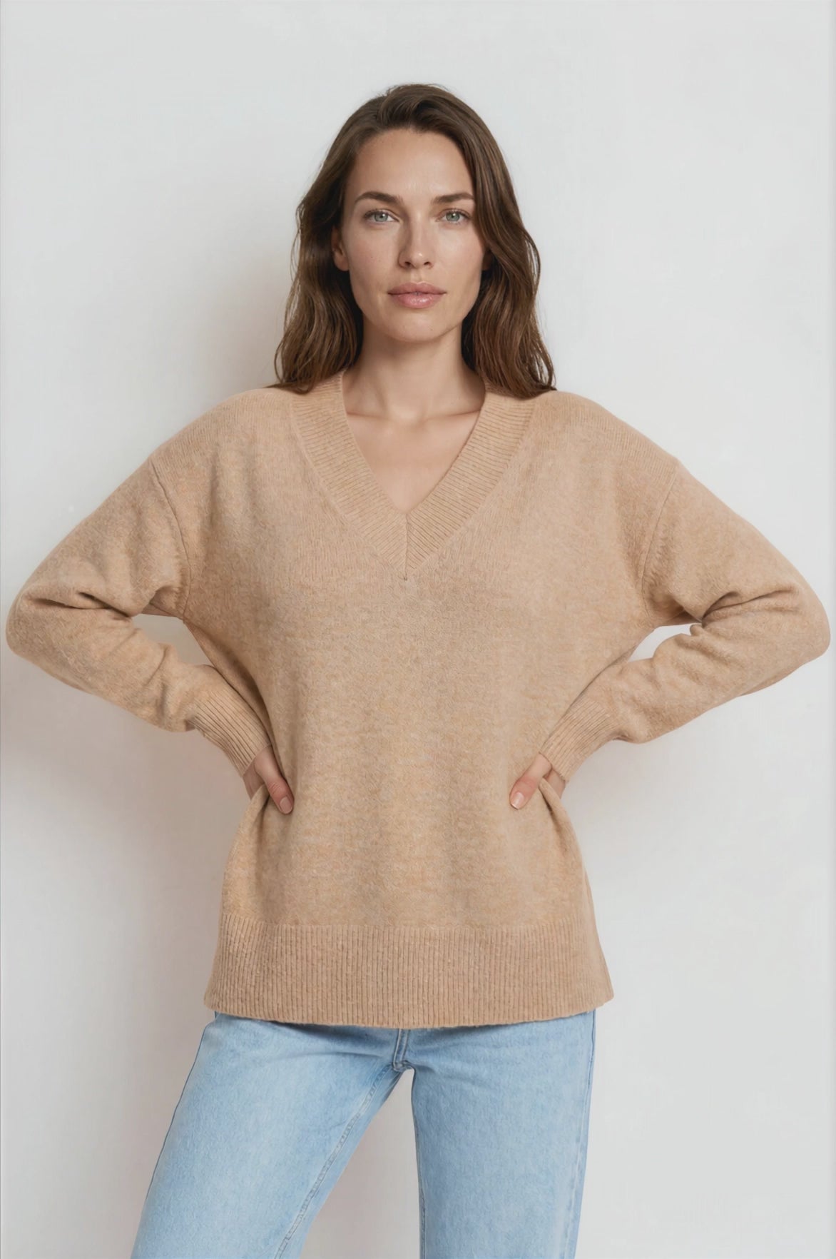 Nikita Jumper - Thick Ribbed V-Neck Knit with Side Split Hemline in Camel