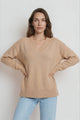 Nikita Jumper - Thick Ribbed V-Neck Knit with Side Split Hemline in Camel