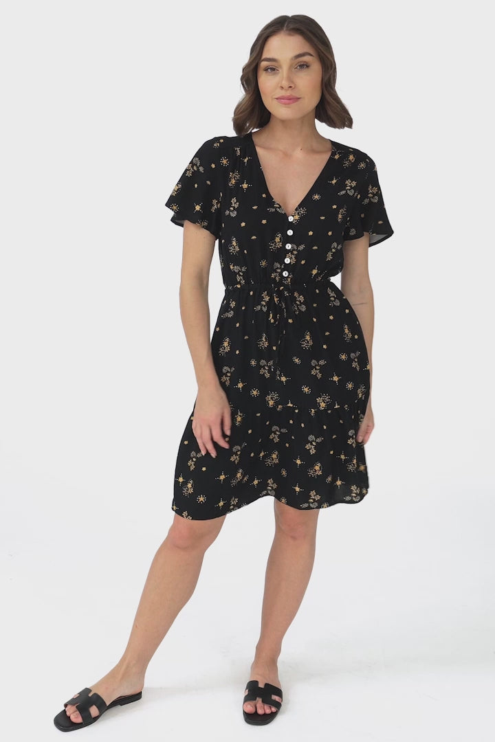 Malila Mini Dress - Cap Sleeve A Line Dress with Pull Tie Waist in Melany Print Black