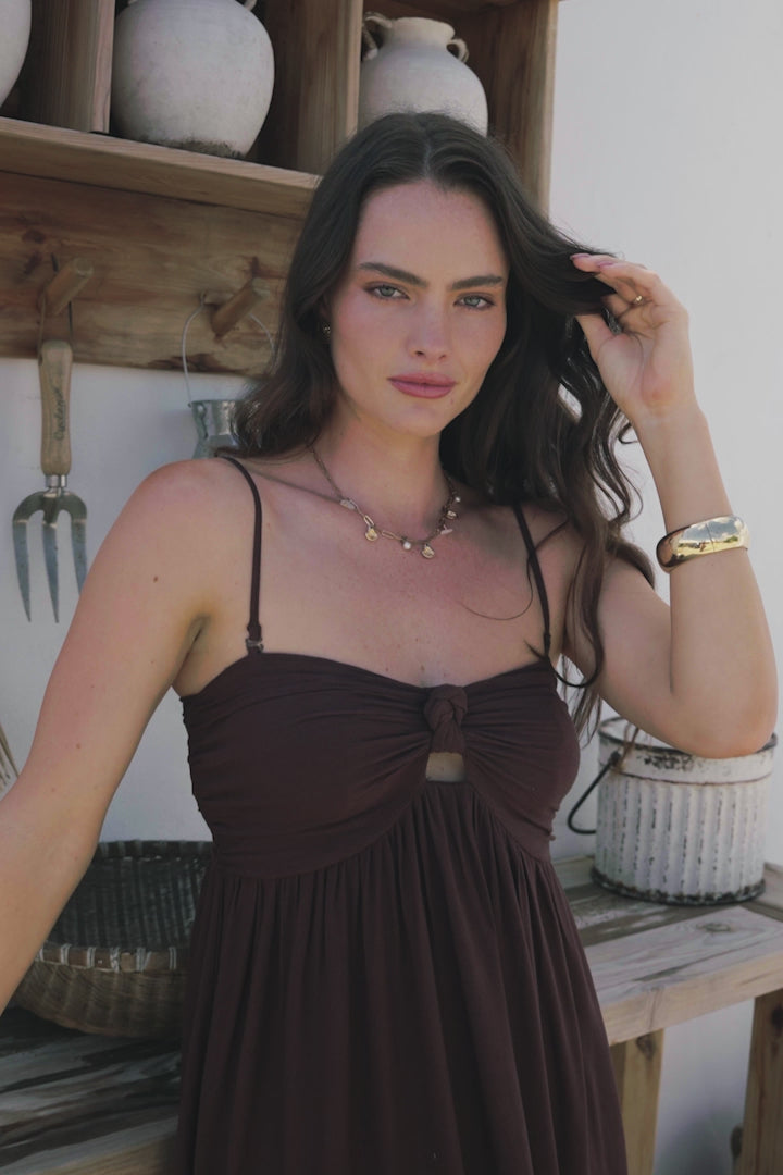 Moira Maxi Dress - Twist Front Keyhole Detail Sun Dress with Optional Straps in Chocolate