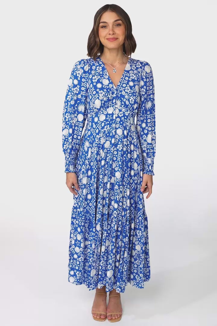 Abbia Maxi Dress - A Line Deep V Neck Long Sleeve Dress in Ember Print