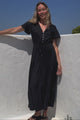 Hanna Maxi Dress - Cap Sleeve Tiered A Line Dress with Toggle Detailed Waist Tie in Black