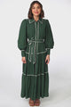 Marise Maxi Dress - A Line Dress with Collared Neckline and Long Sleeves in Emerald