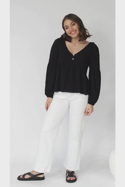 Grace Top - V-Neck Button Decal Long Sleeve Smock Top in Black