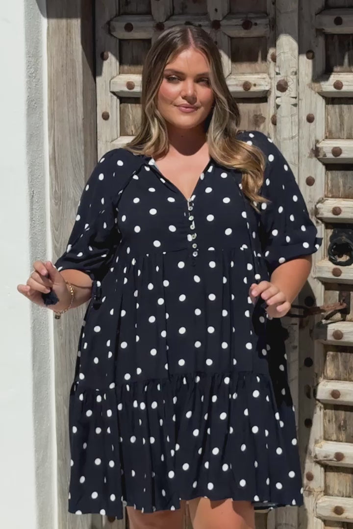 Marah Mini Dress - Mandarin Collar Short Sleeve with Tie Smock Dress in Parisian Polka Navy