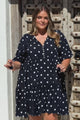 Marah Mini Dress - Mandarin Collar Short Sleeve with Tie Smock Dress in Parisian Polka Navy