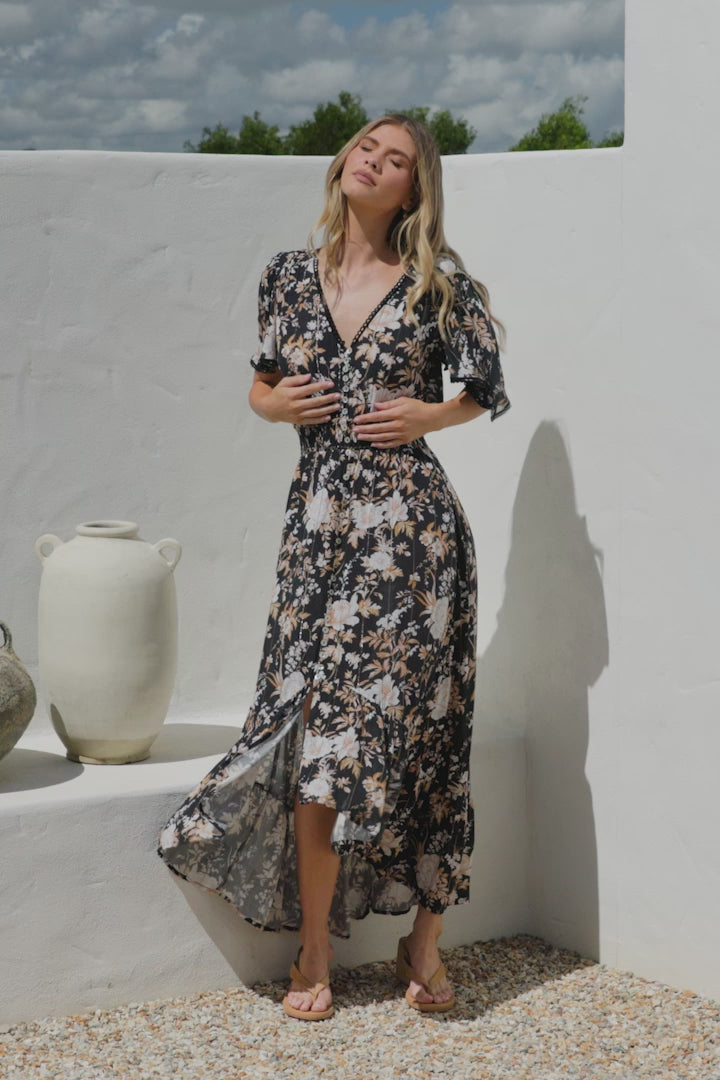 London Maxi Dress - Elasticated Waist Button Detail High Low Dress with Flutter Cap Sleeves in Sorrento Print Black