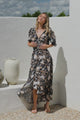 London Maxi Dress - Elasticated Waist Button Detail High Low Dress with Flutter Cap Sleeves in Sorrento Print Black