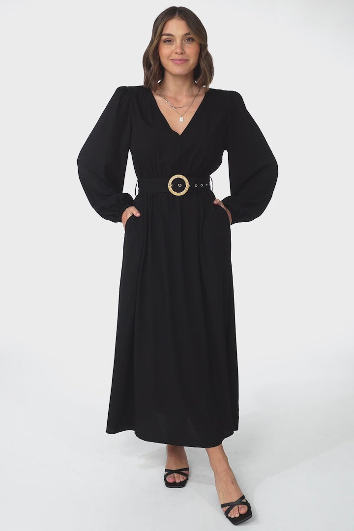 Lyna Midi Dress - A-Line Dress with Statement Rattan Buckle Belt in Black