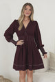Karey Mini Dress - Fit and Flare Contrasr Stitching Dress in Wine