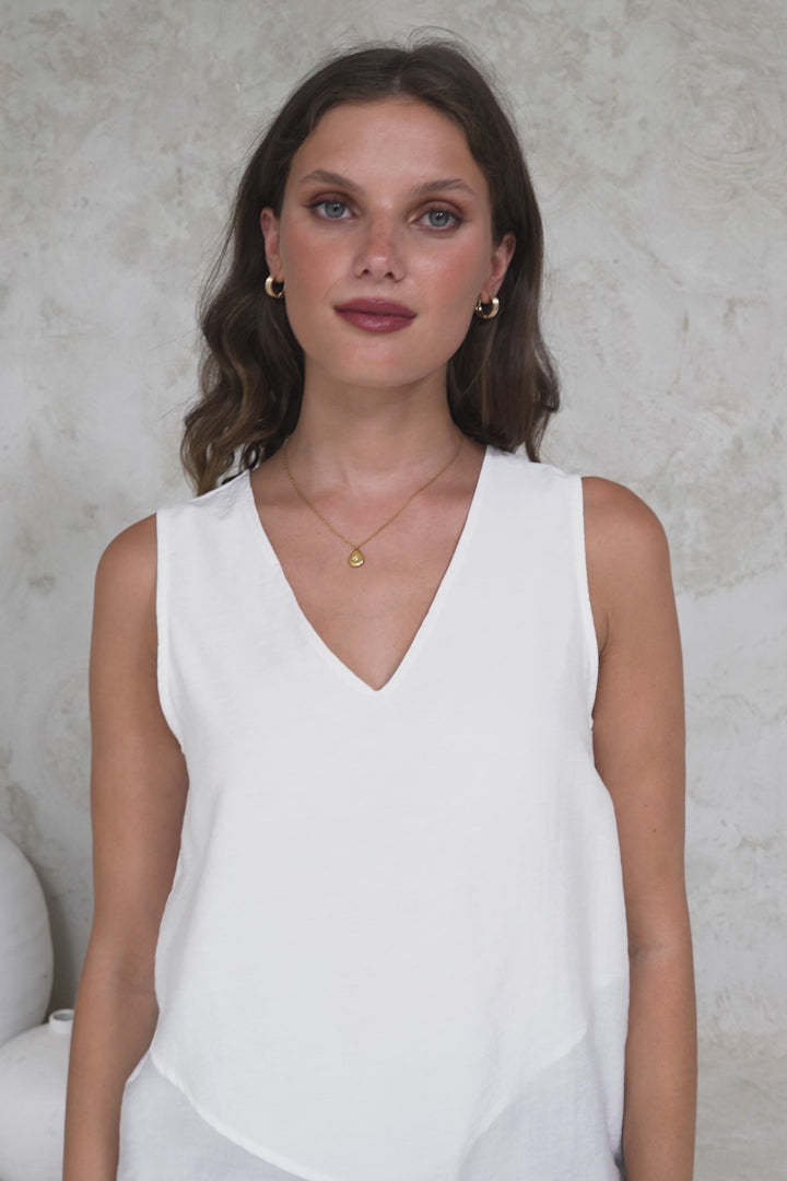 Hemingway Top - Asymmetrical Front High-Low V-Neck Sleeveless Top in White