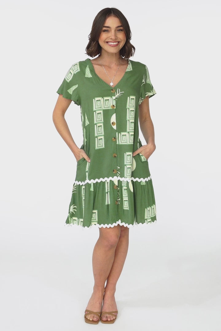 Amaris Mini Dress - V Neck Button Down Dress with Rick Rack Decal Saba Print in Green