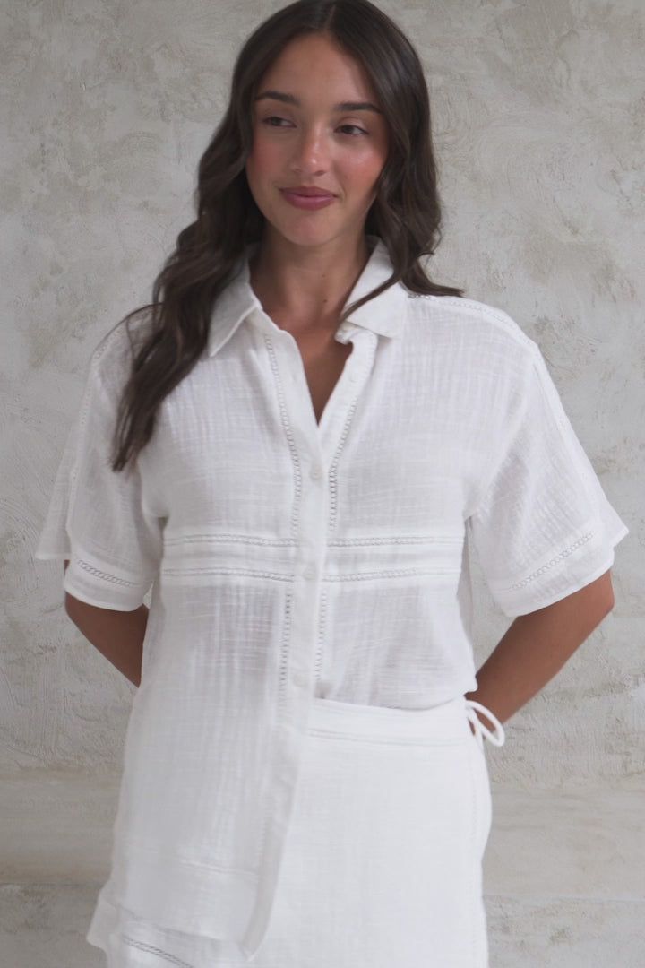 Xara Shirt - Collared Button Down with Lace Detailing in White