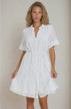 Wyanna Mini Dress - Mandarin Collar Button Down Tiered Dress with Waist Tie in White