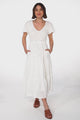 Alyse Midi Dress - Shirred Bodice Cap Sleeve Dress with Pull Tie Waist in White