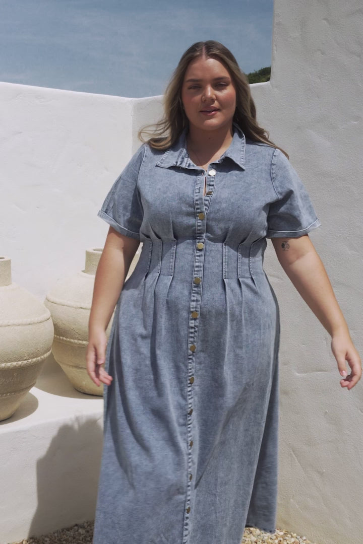 Sharlan Midi Dress - A-Line Button Detailed Denim Dress in Mid Denim Wash