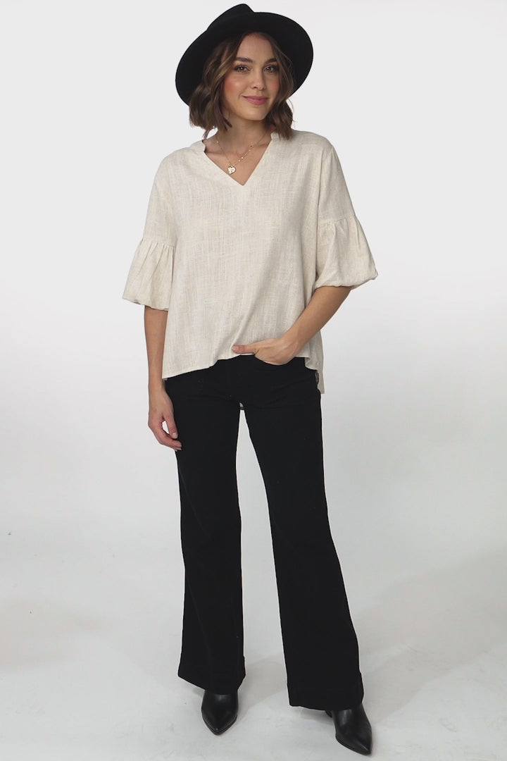 Melly Top - Cotton Blend V Neck Smock Top with Flute Sleeves in Cream