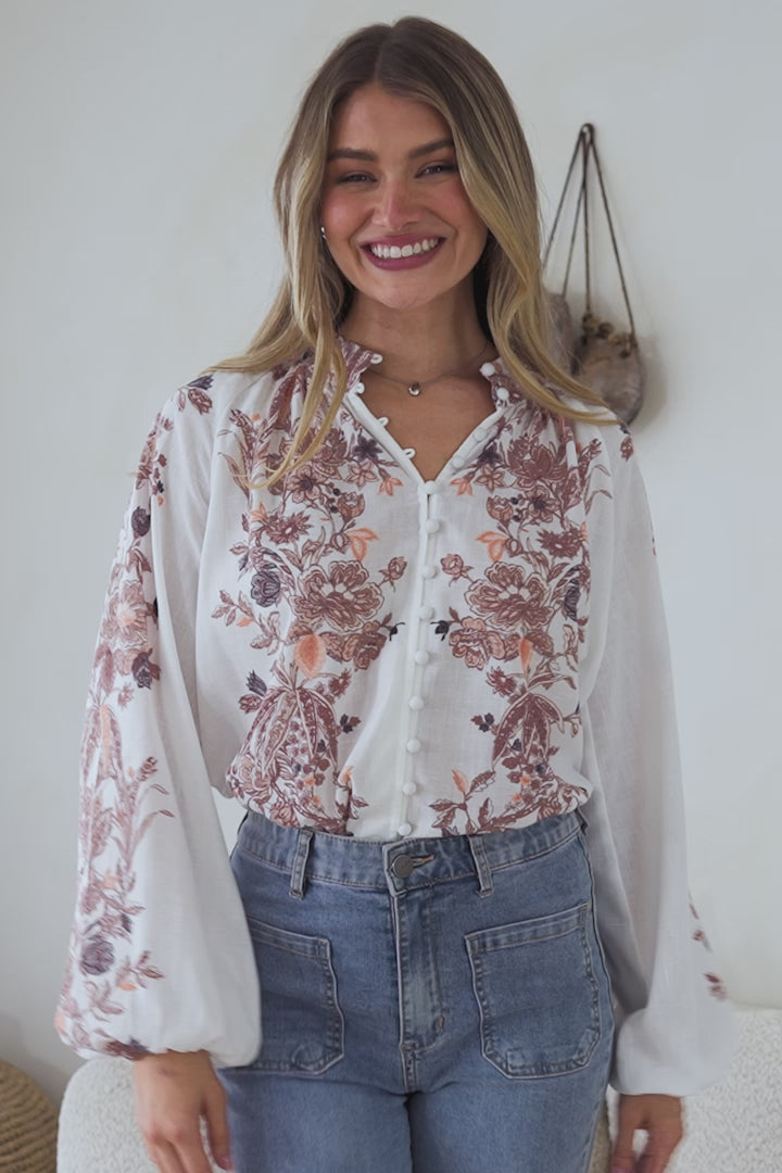 Hilary Blouse - Mandarin Collar Linen Button Down with Balloon Sleeves in Gemma Print Coffee