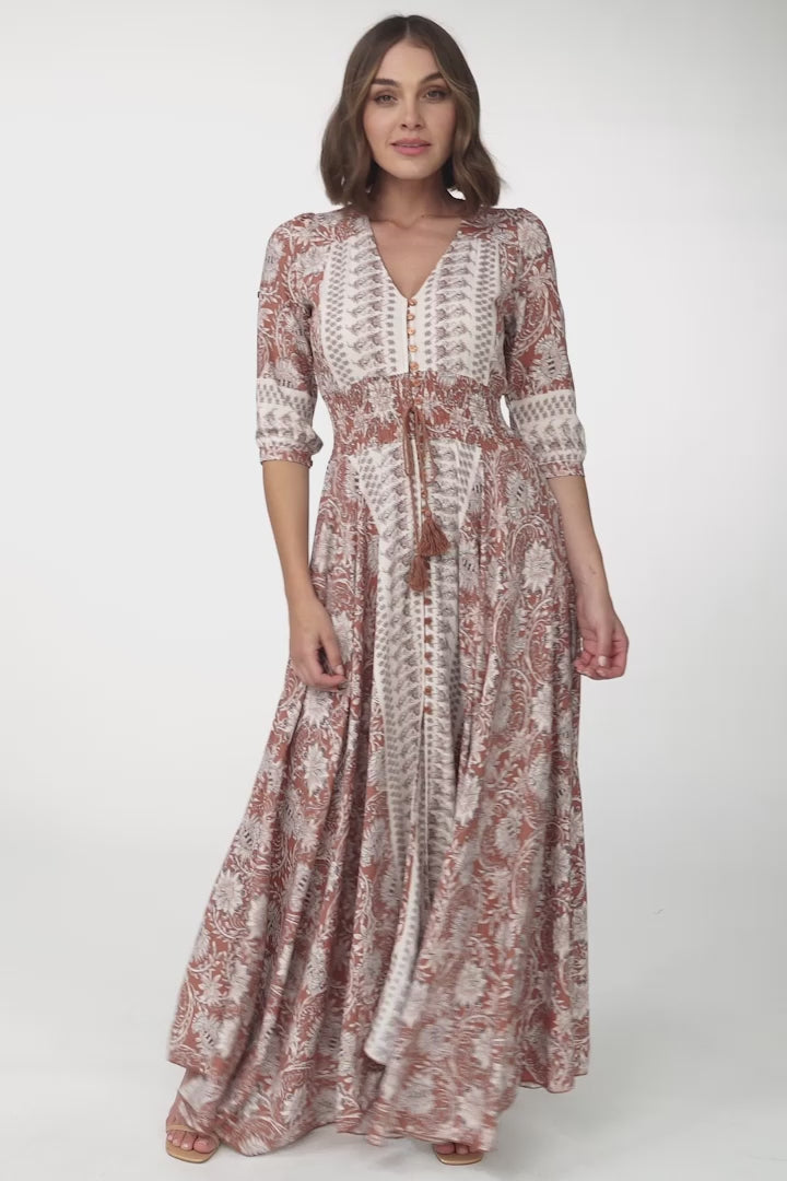JAASE - Indiana Maxi Dress: Lace Back Shirred Waist A Line Dress with Handkerchief Hemline in Indah Print