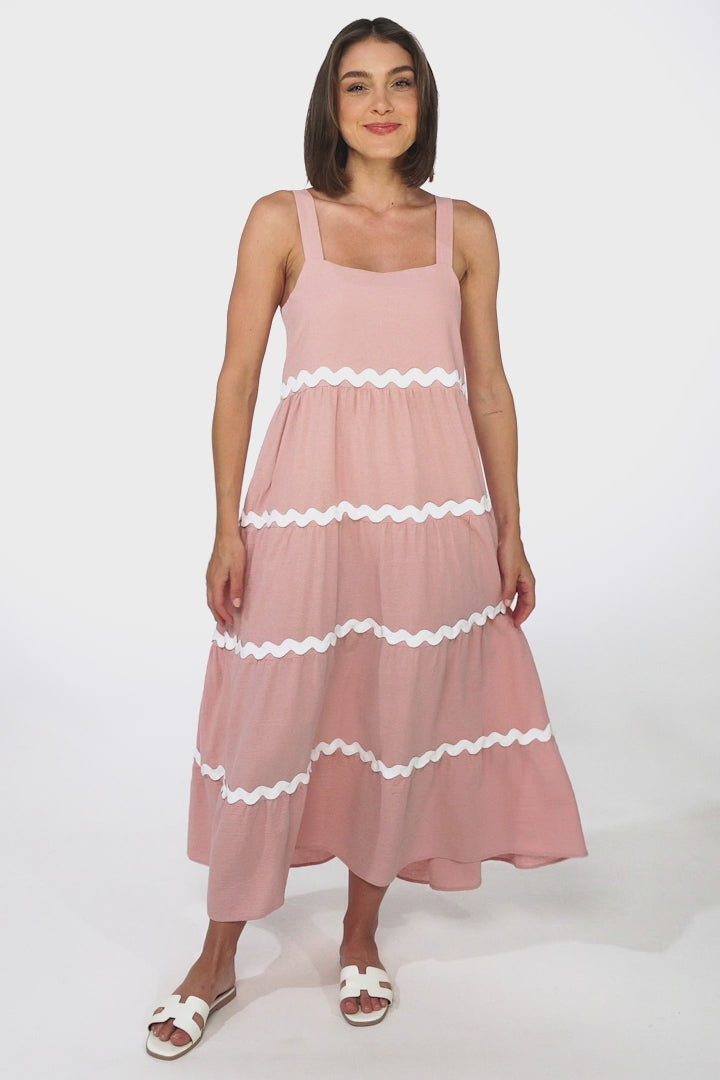 Fabie Midi Dress - Thick Strap Rick Rack Splicing Cotton Sun Dress in Blush