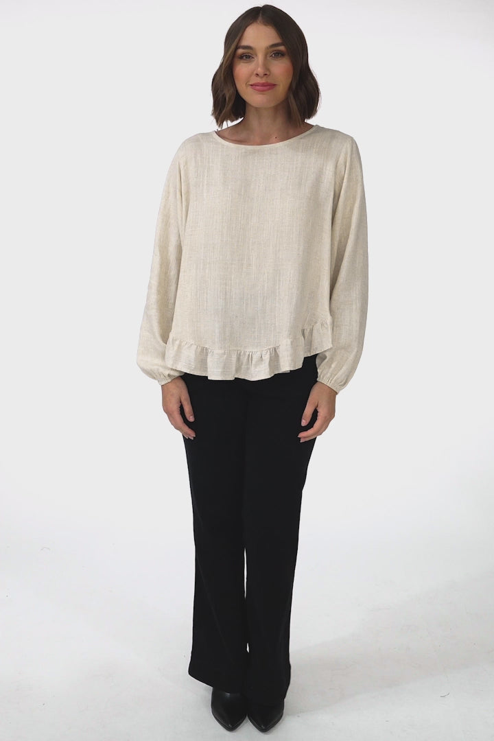 Solara Top - Crew Neck Linen Blend Frill Hemmed Top in Oat