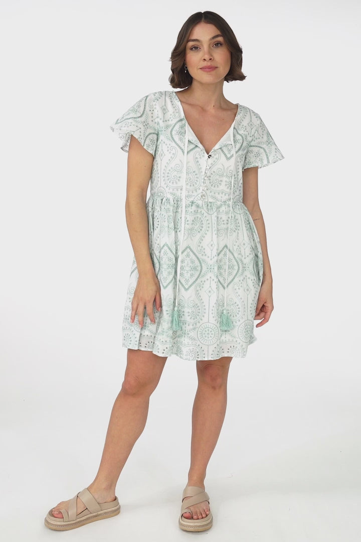 Achanti Mini Dress - Cotton Lace Overlay Cap Sleeve Smock Dress in Green