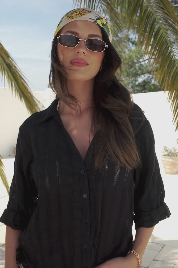 Beachly Mesh Shirt - Cotton Mesh Stripe Relaxed Button Down Shirt in Black