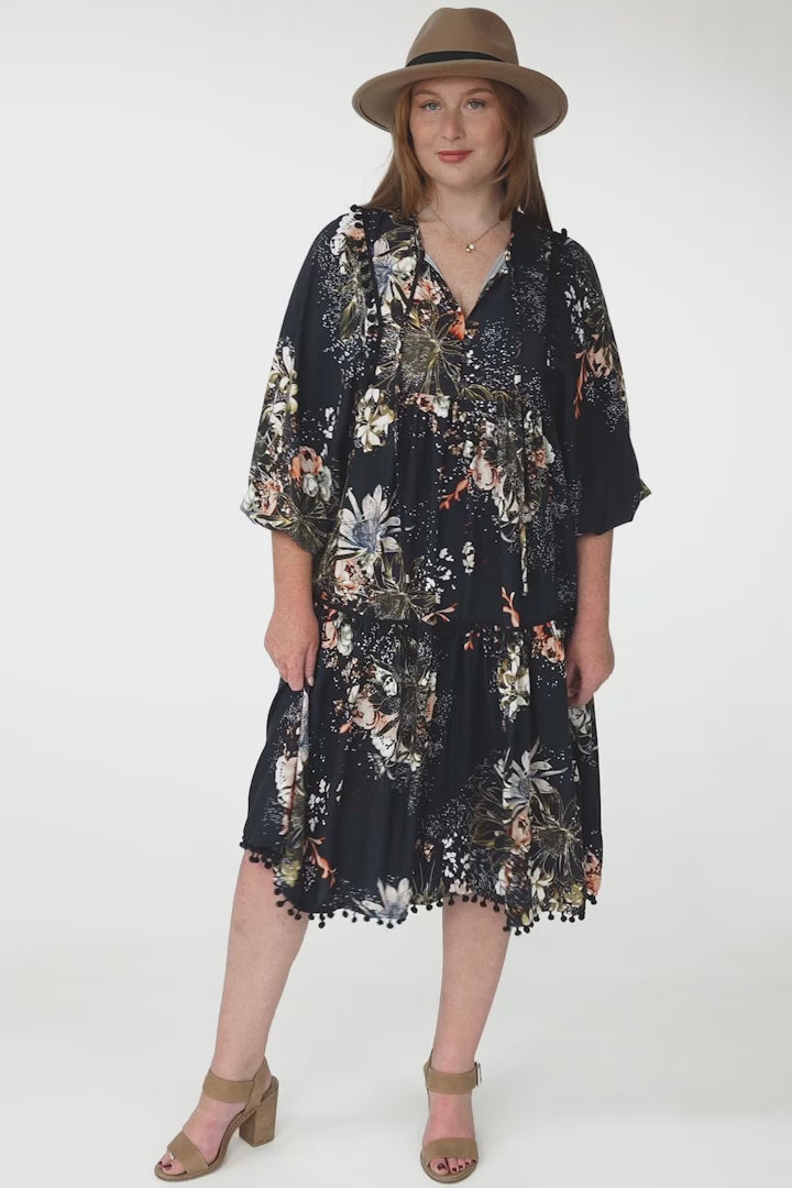 JAASE - Palace Midi Dress: Pom Pom Spliced Batwing Sleeve Dress with Neck Tie in Indigo Print