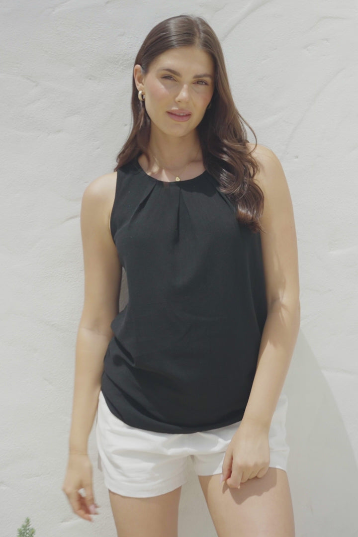 Genevieve Top - Crew Neck Sleeveless Linen Blend Top in Black