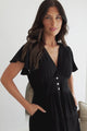 Amy Midi Dress - Flutter Cap Sleeve Buttoned Down V Neck Dress in Black