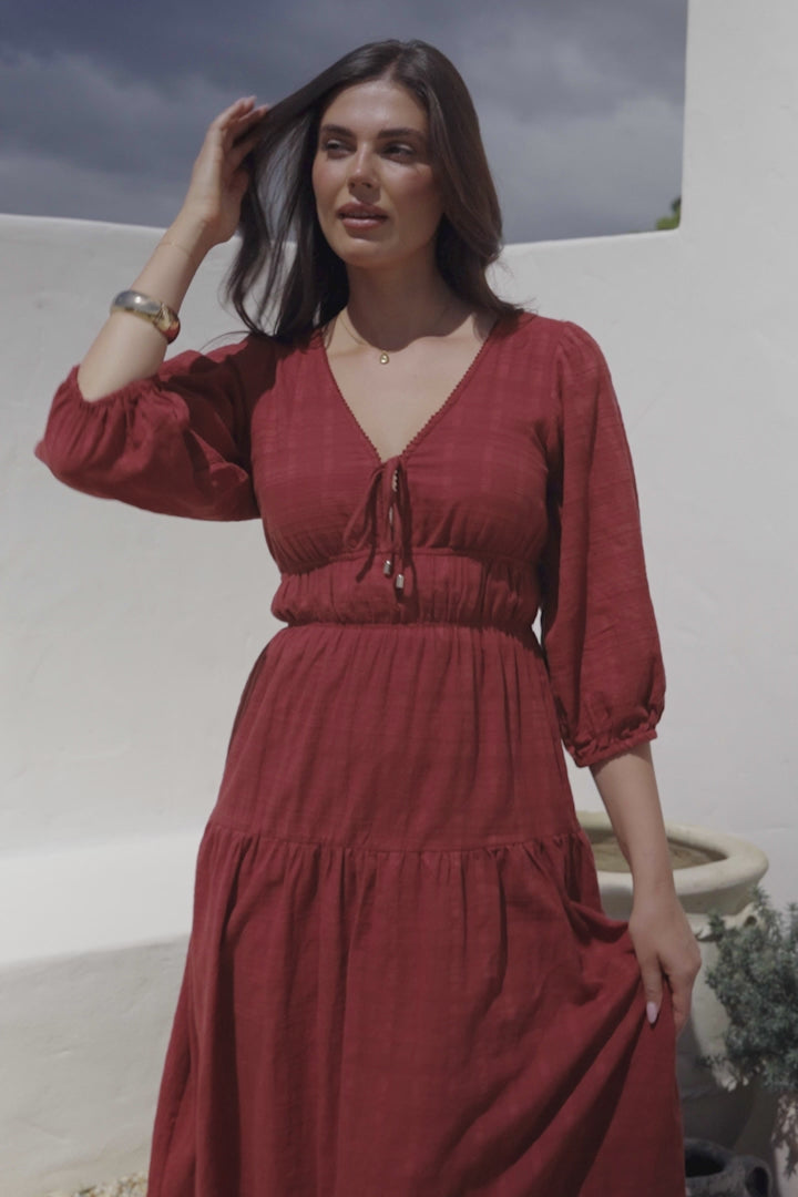 Elise Maxi Dress - Empire Waistline Dress with 3/4 Sleeves in Burgundy