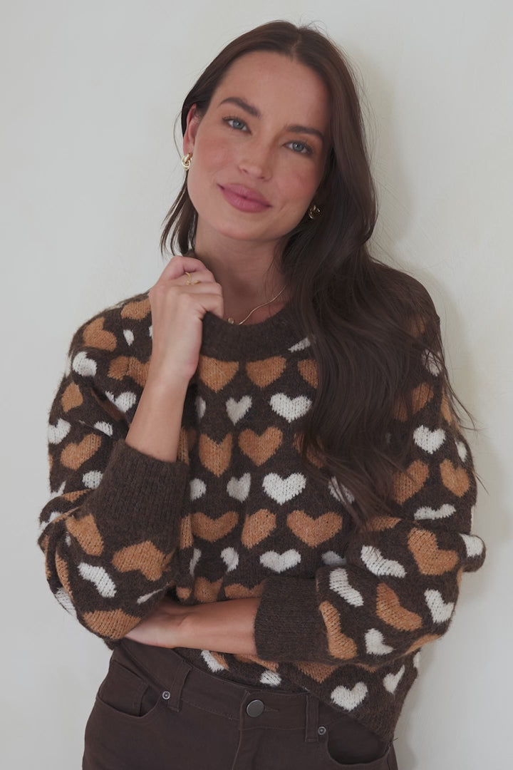 Skye Jumper - Crew Neck Contrast Heart Motif Knit in Coffee