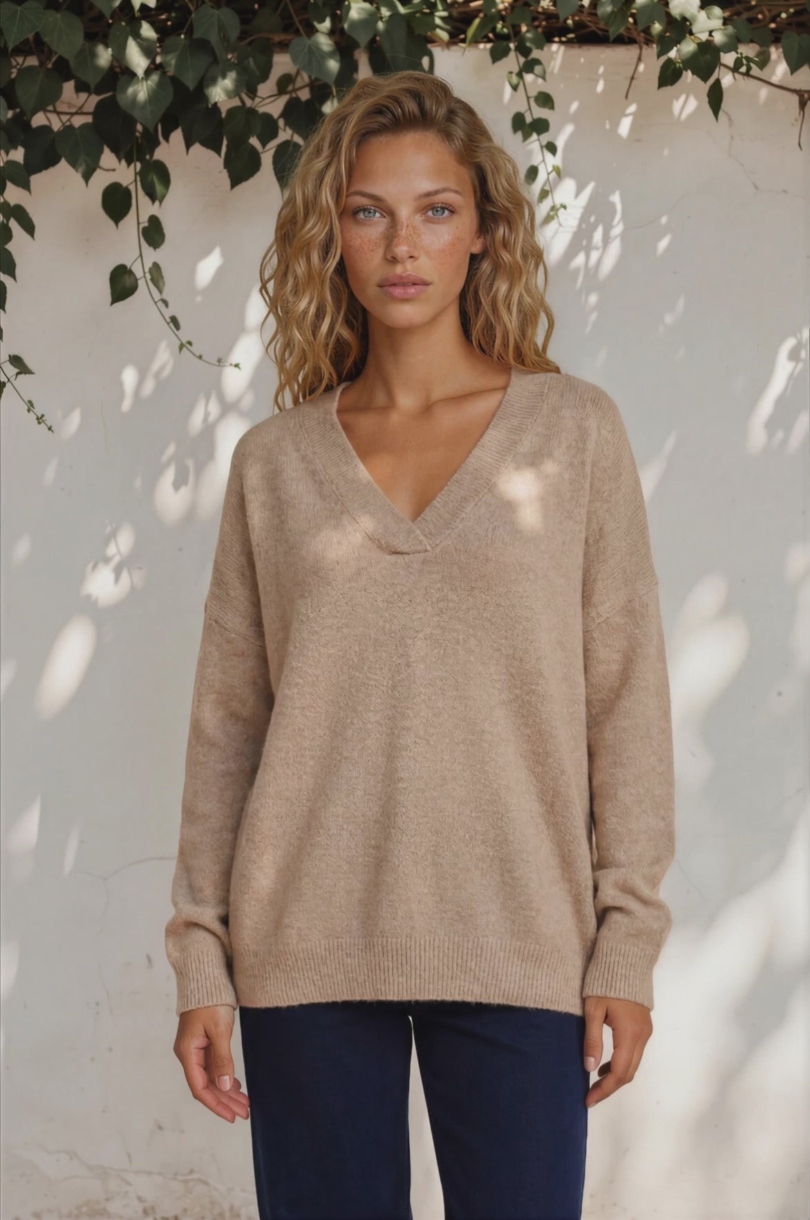 Donoven Jumper - V Neck Lightweight Knit with Ribbed Hemlines in Sand
