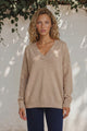 Donoven Jumper - V Neck Lightweight Knit with Ribbed Hemlines in Sand
