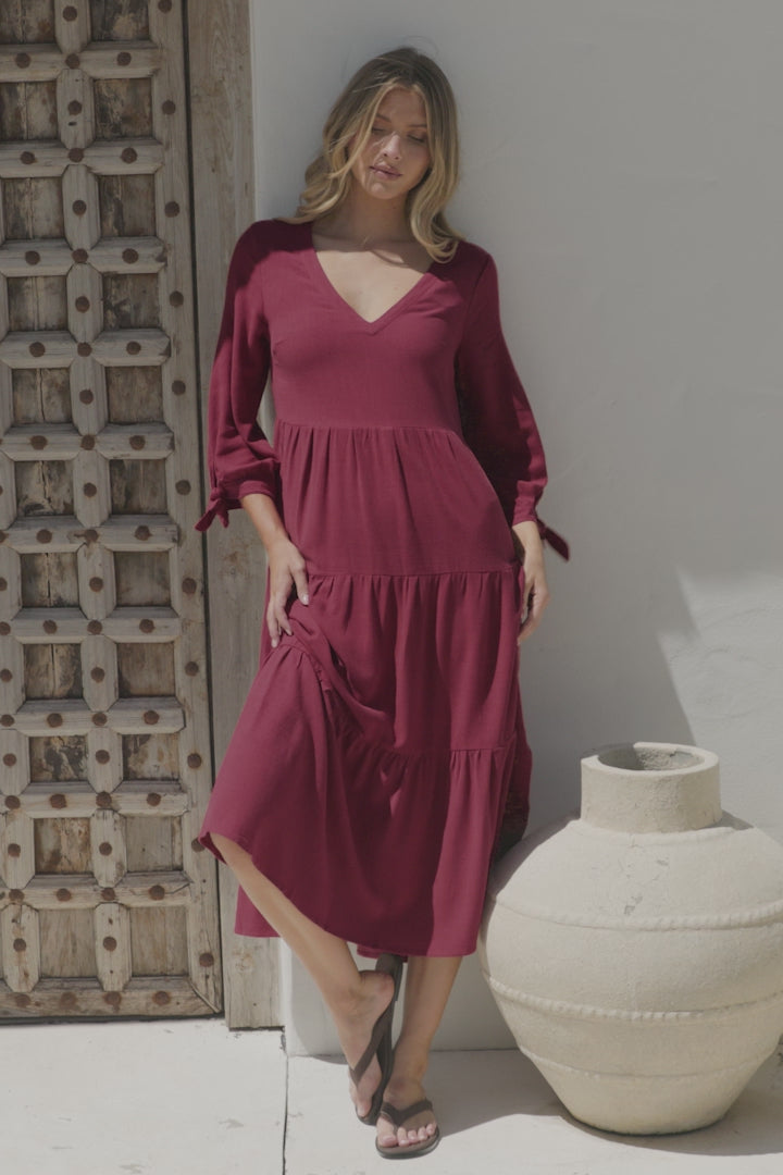 Elisabette Midi Dress - V-Neck Tiered Linen Dress with 3/4 Tie Cuff Sleeves in Rust