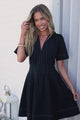 Leanne Mini Dress - V Neck A Line Dress with Pleated Skirt in Dark Denim