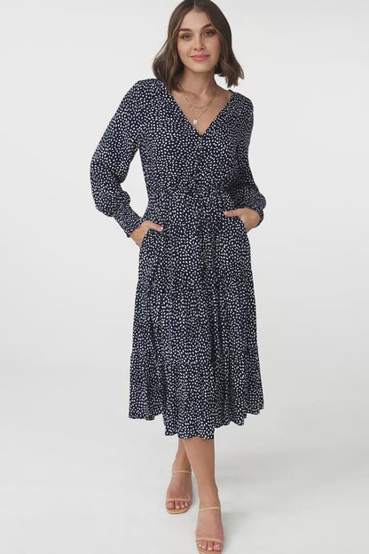 Suzie Midi Dress - Long Sleeve Pull Tie Waist A Line Dress in Bell Print