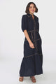 Valencia Maxi Dress - Collared Tiered Button Down Dress with Contrast Trim in Navy