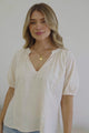 Geneva Top - Mandarin Neck Relaxed Top with Cut Out Detailing in Cream