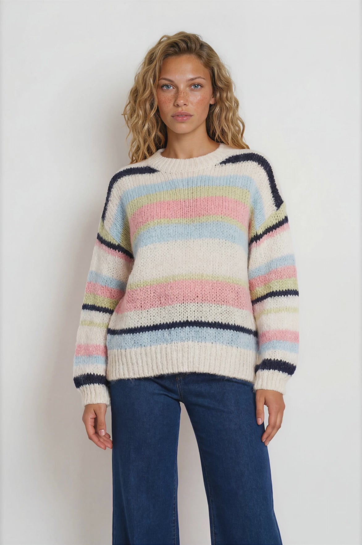 Soren Jumper - Crew Neck Stripe Knit with Ribbed Hemlines in White/Blue