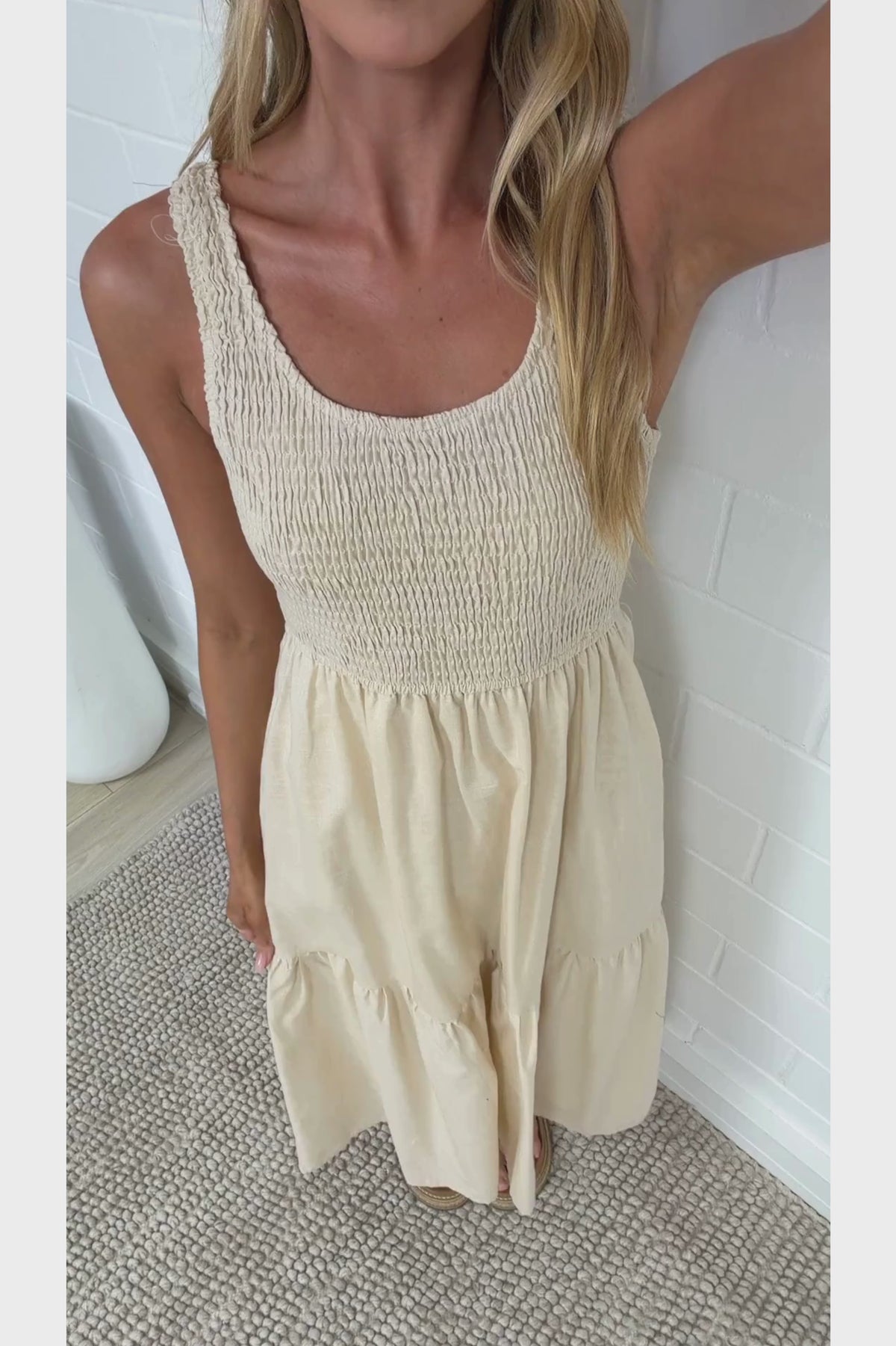Sarlie Midi Dress - Shirred Bodice Cotton/Linen Blend Tiered Dress in Beige