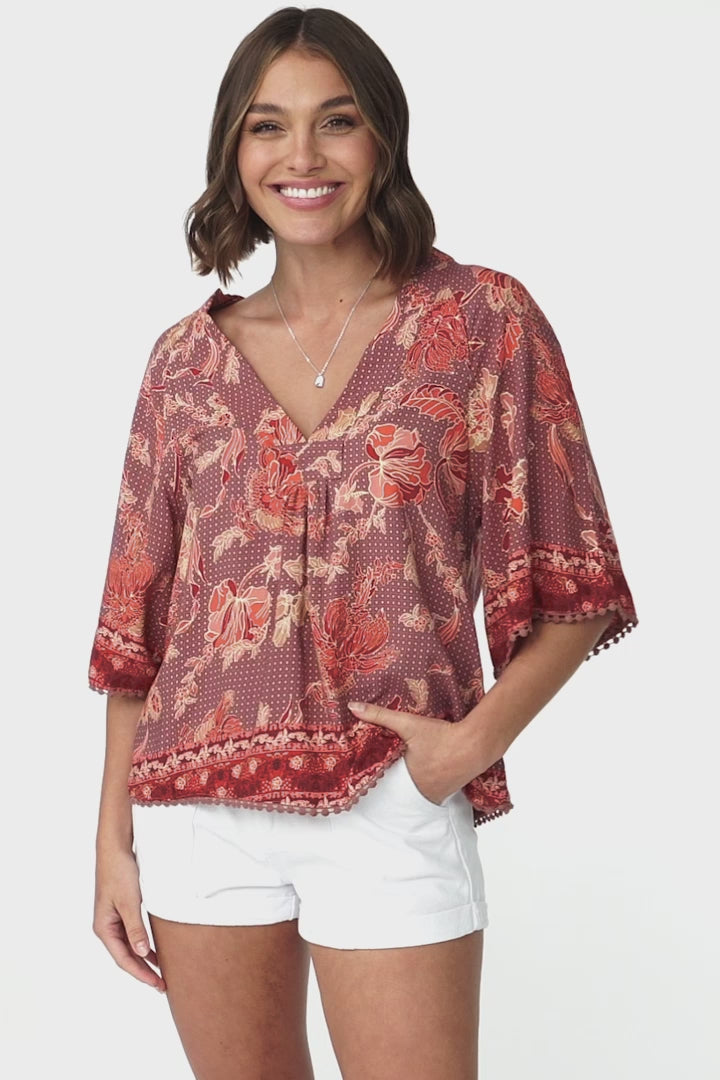 JAASE - Gabriella Top: Mandarin Collar Deep V Neck Crochet Trim Top in Ziggy Print