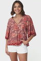 JAASE - Gabriella Top: Mandarin Collar Deep V Neck Crochet Trim Top in Ziggy Print