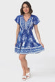 Loisa Mini Dress - Crochet Trim V Neck Dress with Cap Sleeves in Briella Print