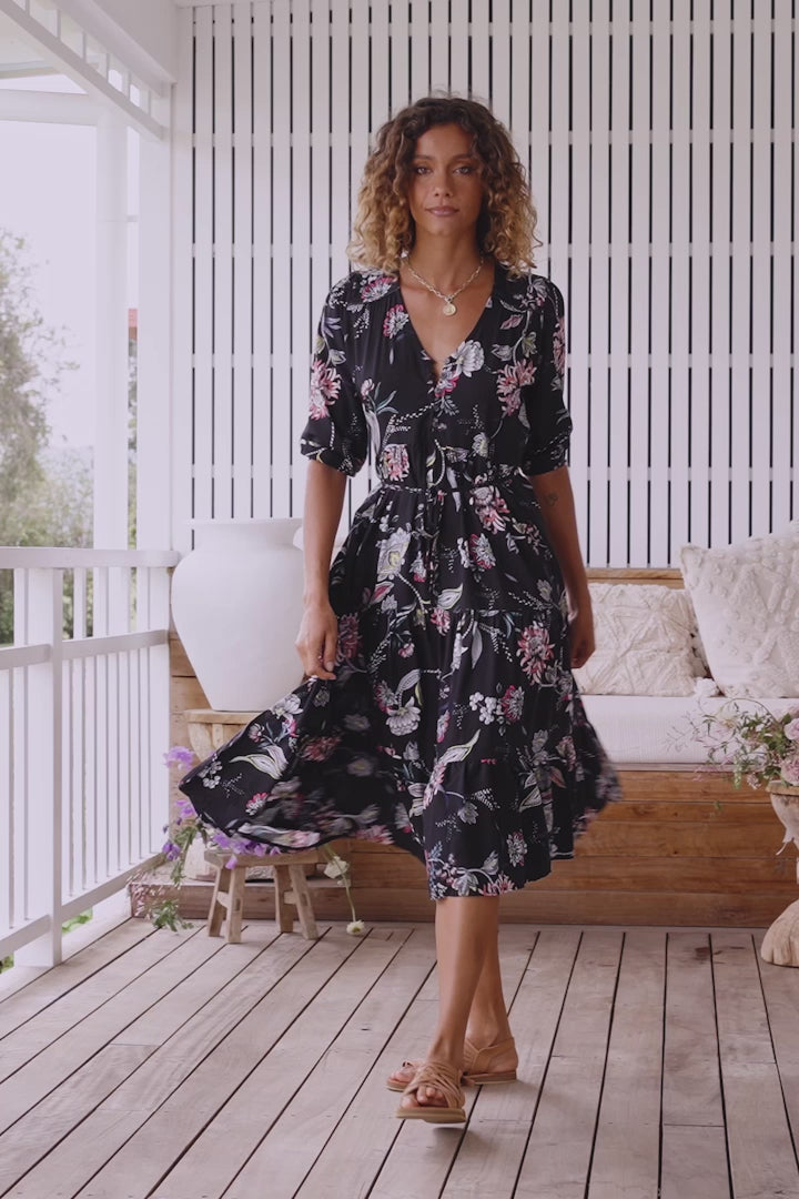 JAASE - Eve Midi Dress: V Neck Tiered Dress with Option Waist Tie in Under The Stars Print