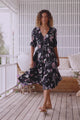 JAASE - Eve Midi Dress: V Neck Tiered Dress with Option Waist Tie in Under The Stars Print